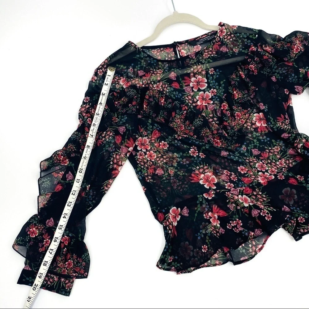 Zara Women Sheer Floral Long Sleeve Ruffled Layered Pink Black Cuffed Blouse SzM - Picture 13 of 15